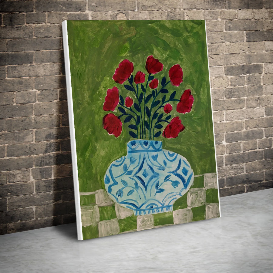 Impressionist Floral Canvas Art | Red Poppies in Blue and White Chinese Vase Painting | Premium Gallery Wrapped Print | Living Room & Kitchen Wall Decor Gift