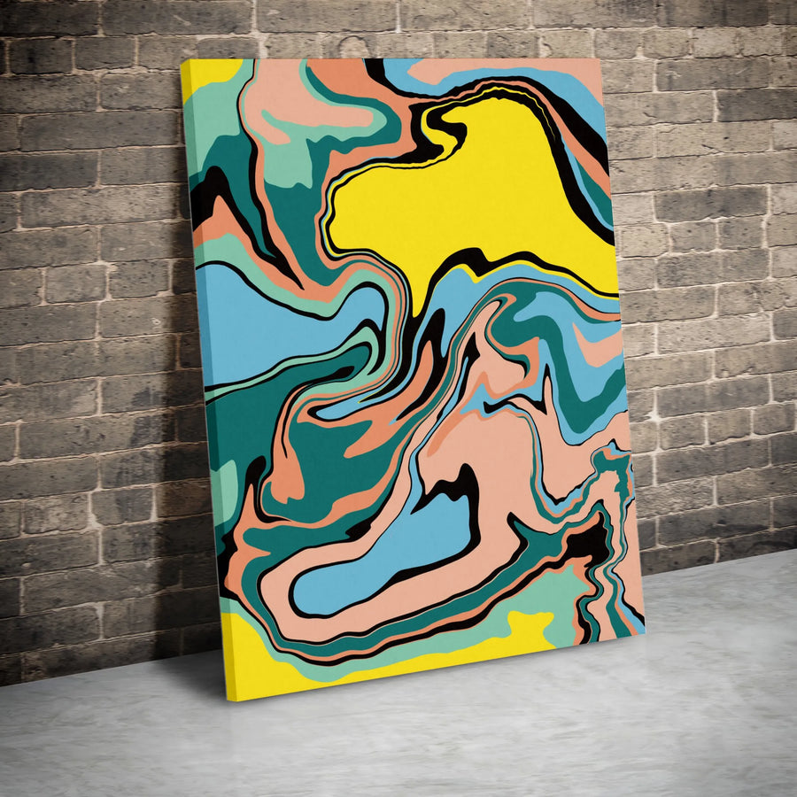 Abstract Liquid Marble Wall Art | Vibrant Yellow Teal and Peach Modern Decor | Premium Gallery Wrap Canvas | Statement Piece for Living Room