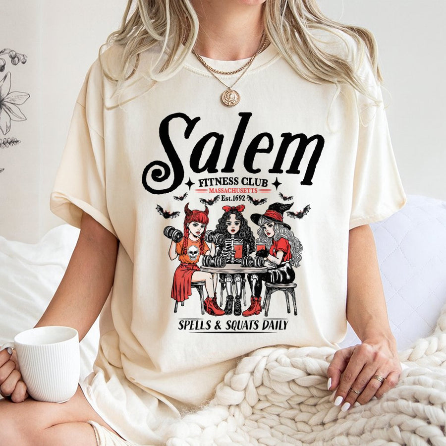 Salem Fitness Club T-Shirt | Spells & Squats Witch Graphic | Premium Cotton Gym Apparel | Funny Halloween Workout Gift For Women And Men