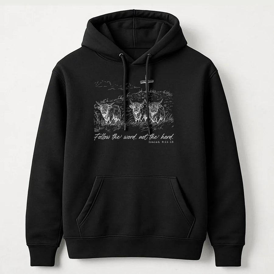 Christian Hoodie | Follow The Word Not The Herd Isaiah 8:13 | Highland Cow Graphic Pullover | Premium Western Faith Based Gift for Men Women