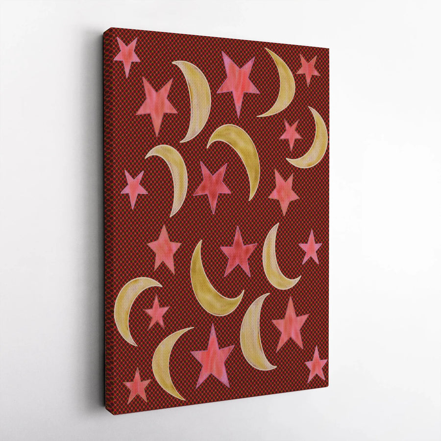 Celestial Stars and Moon Canvas Wall Art | Pop Art Halftone Red Print | Premium Gallery Wrap Decor | Modern Nursery or Bedroom Gift