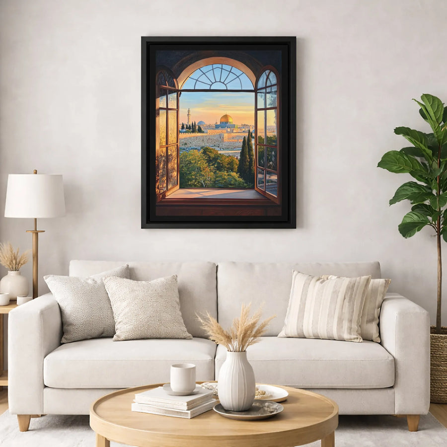Jerusalem Old City Canvas Print | Dome Of The Rock Arched Window View | Premium Fade-Resistant Wall Art | Spiritual Home Decor Gift