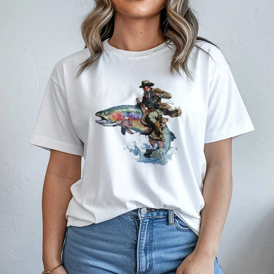 Cowboy Riding Fish T-Shirt | Funny Western Trout Fishing Graphic Tee | Soft Cotton Unisex Top | Unique Gift for Angler