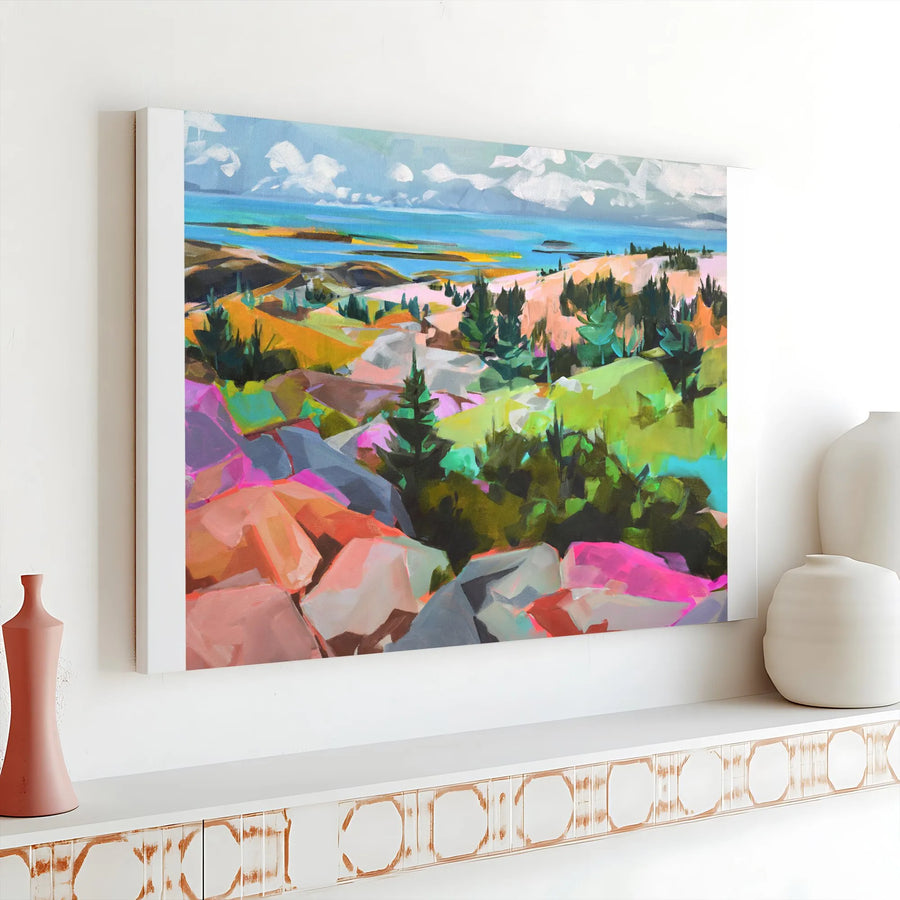 Abstract Coastal Landscape Canvas | Colorful Expressionist Painting Print | Premium Gallery Wrapped Canvas | Modern Home Office Wall Decor