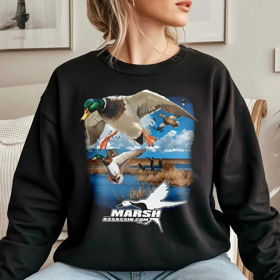 Duck Hunting Sweatshirt | Mallard Waterfowl Graphic | Premium Cotton Blend Crewneck | Outdoor Gift for Hunter Men