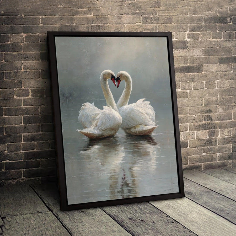 Swan Heart Wall Art | Romantic Painting Print | Premium Gallery Wrapped Canvas | Wedding Anniversary Gift for Couple
