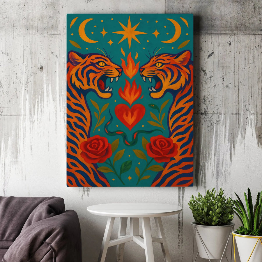 Tiger Canvas Print | Symmetrical Flaming Heart & Roses Illustration | Premium Gallery Quality | Boho Living Room Decor Gift