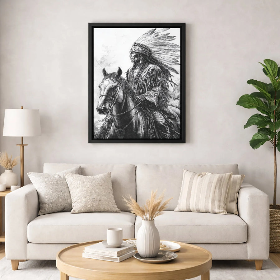 Native American Chief Wall Art | Warrior on Horseback Sketch Print | 1.25-Inch Gallery Canvas | Western Home Decor Gift