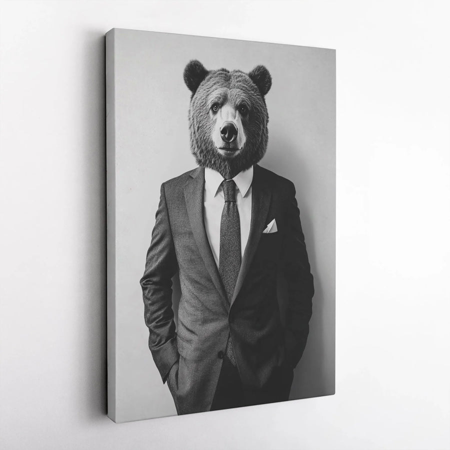 Bear in Suit Canvas Wall Art | Sophisticated Gentleman Animal Portrait | Premium Gallery-Wrapped Print | Unique Office Decor & Modern Home Gift