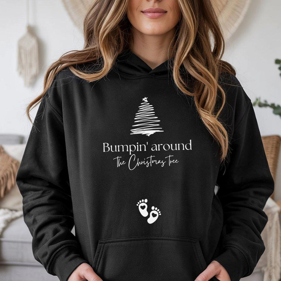 Bumpin' Around The Christmas Tree Hoodie | Cute Pregnancy Announcement | Premium Cotton-Blend | Funny Holiday Baby Reveal Gift For Mom-To-Be