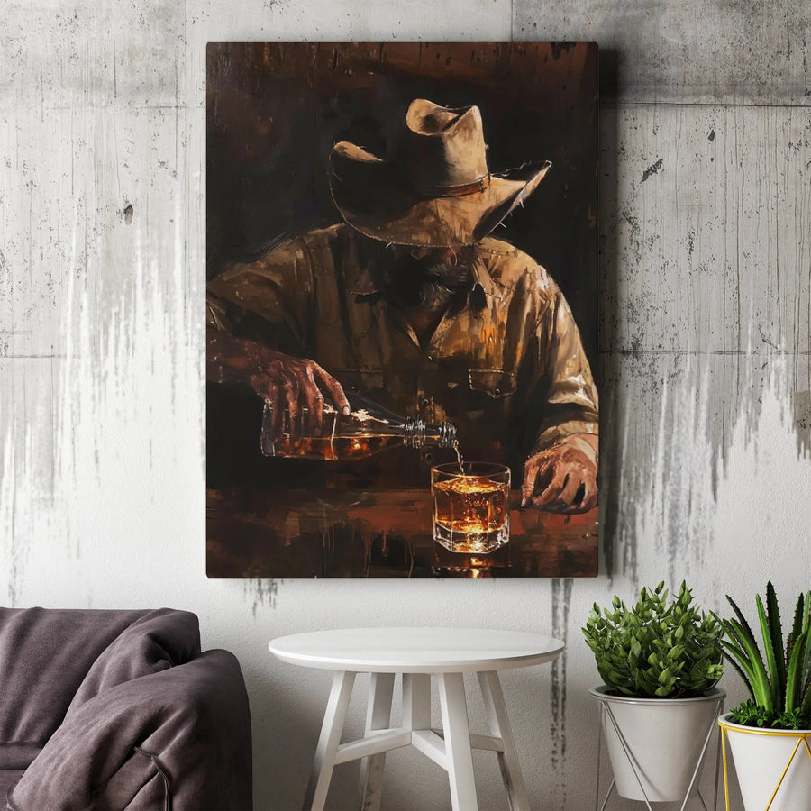 Cowboy Whiskey Canvas Wall Art | Western Bar Painting Print | Premium Gallery Wrapped Canvas | Gift for Men, Man Cave Decor