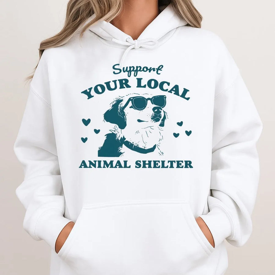 Support Your Local Animal Shelter Hoodie | Cute Dog With Sunglasses Graphic | Premium Cotton Blend | Gift For Dog Mom & Animal Rescue Volunteer