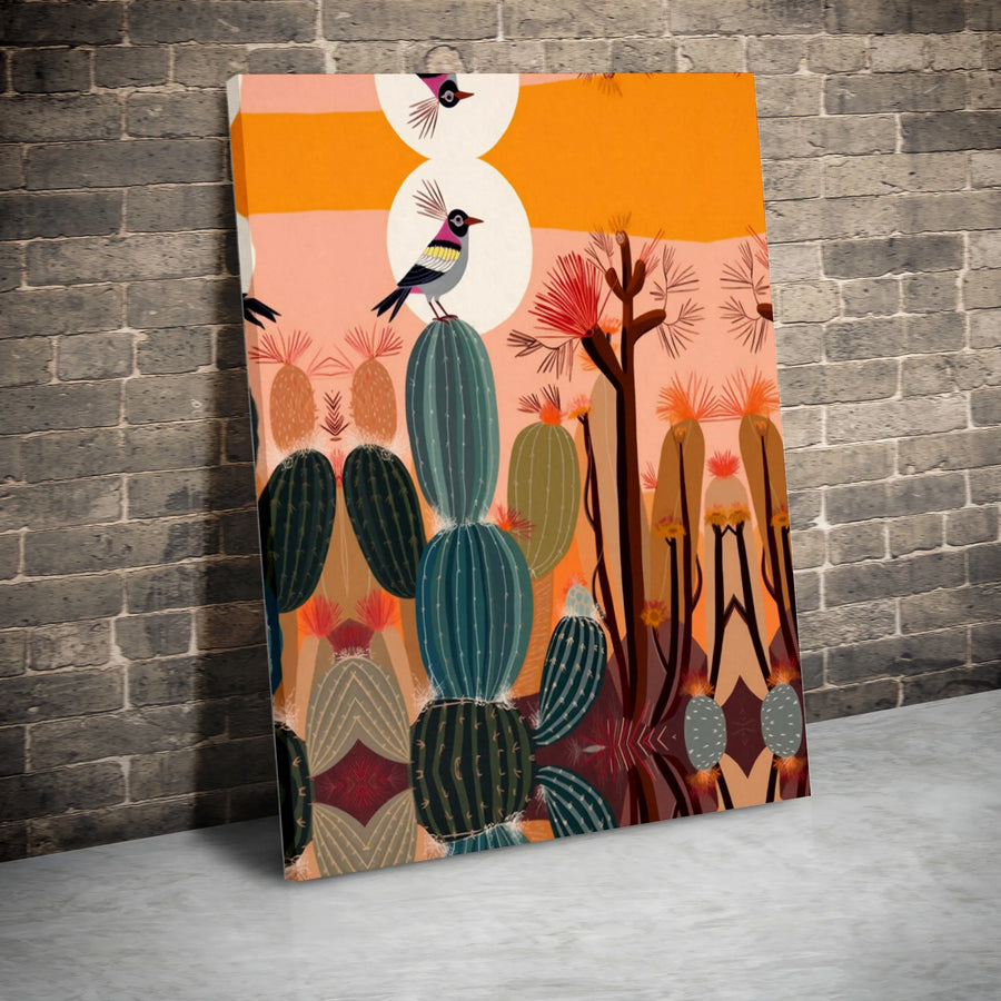 Desert Cactus Wall Art | Mid-Century Modern Bird Print | Premium Gallery Wrapped Canvas | Bohemian Southwestern Home Decor Gift