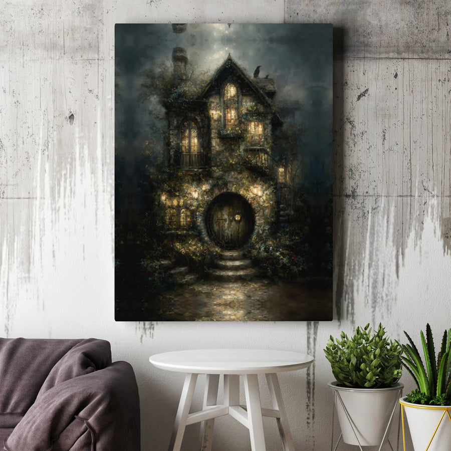 Enchanted Fantasy Cottage Canvas Wall Art | Dark Academia Raven Cottagecore Decor | Premium Gallery Wrap Print | Whimsical Home Gift