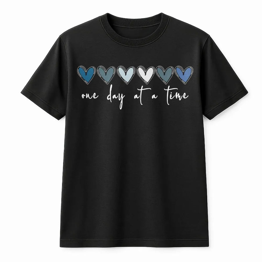 One Day At A Time T-Shirt | Minimalist Blue Hearts Mental Health Graphic | Premium Soft Cotton | Inspirational Recovery Gift for Women & Men