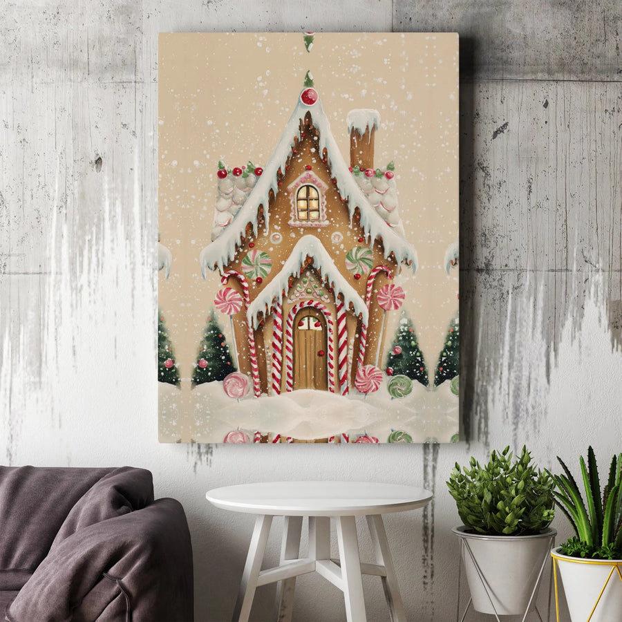 Gingerbread House Canvas Wall Art | Whimsical Candy Cane Winter Wonderland | Premium Gallery Wrapped Decor | Festive Holiday Home Gift