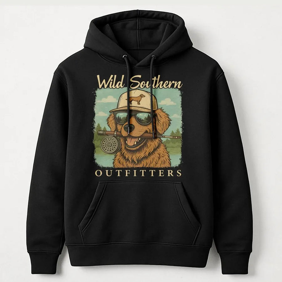 Fishing Dog Graphic Hoodie | Golden Retriever Fly Fishing Design | Premium Unisex Cotton Blend | Funny Outdoor Gift for Fisherman Angler