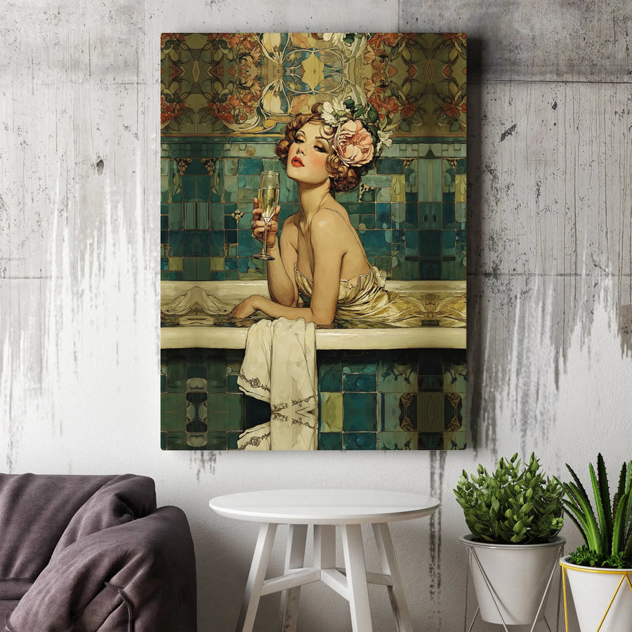 Art Nouveau Woman Bathtub Canvas Print | Elegant Champagne Lady Wall Art | Premium Gallery-Wrapped Decor | Sophisticated Home Office Aesthetic Gift