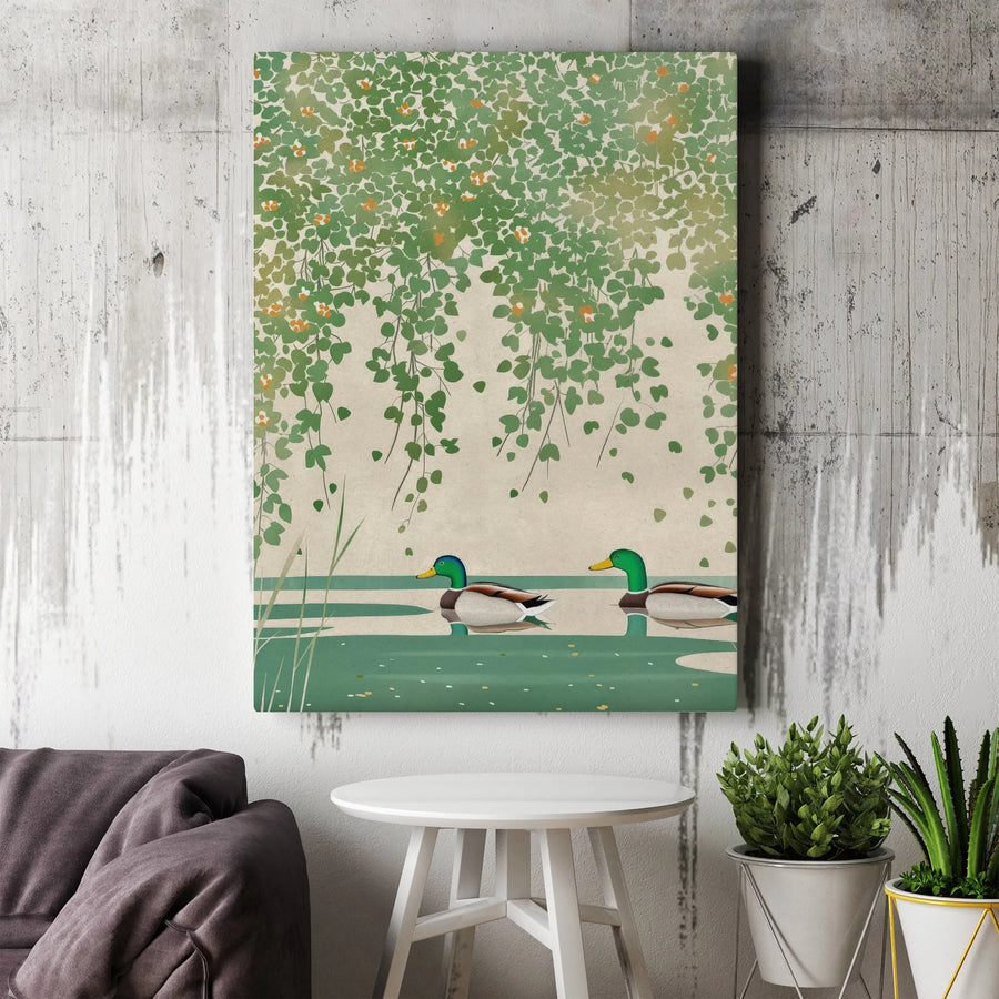 Vintage Mallard Duck Vertical Canvas | Serene Pond Botanical Illustration | Premium Gallery-Wrapped Art | Nature Lover Gift for Home Decor