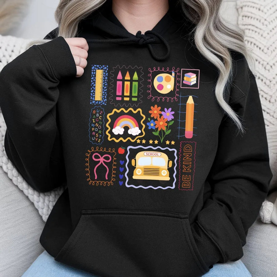 Teacher Hoodie | Back To School Colorful Doodle Design | Premium Cotton-Poly Blend | Cute Gift For Teachers And Students