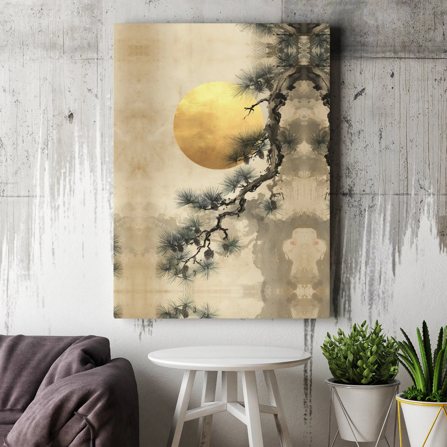 Japanese Pine Tree Canvas Wall Art | Golden Moon Sumi-e Painting | Premium Thick Gallery Wrap | Minimalist Zen Home Decor Gift