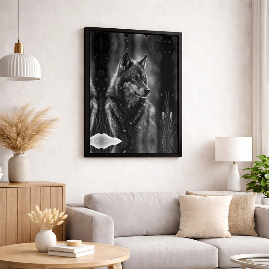 Black and White Wolf Wall Art | Snowy Forest Animal Portrait | Premium Gallery-Wrapped Canvas | Wildlife Home Decor Gift for Nature Lovers