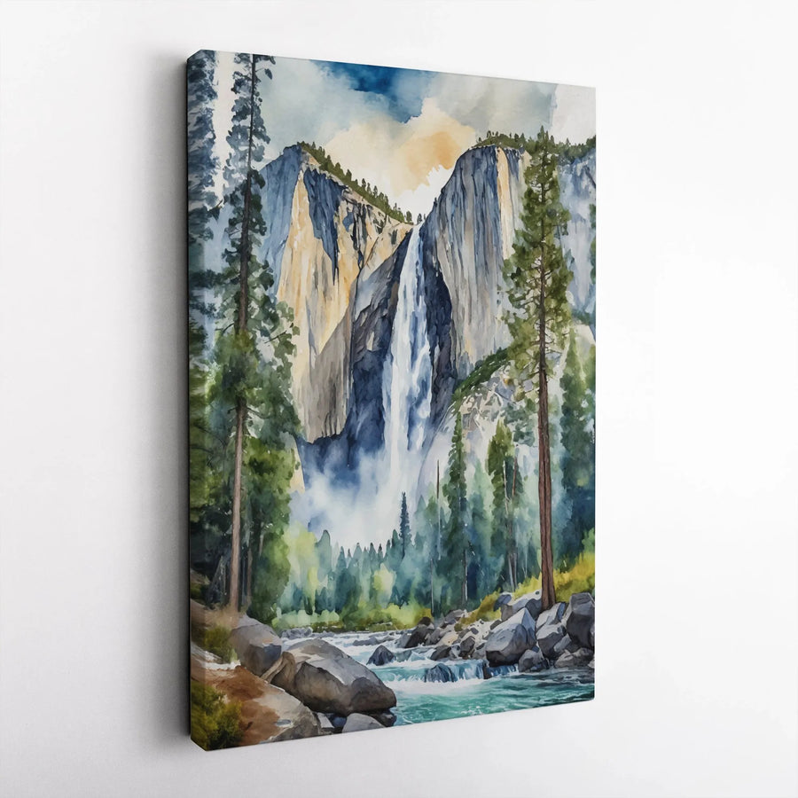 Yosemite Falls Wall Art | Watercolor National Park Landscape Painting | Premium Gallery-Wrapped Canvas | Nature Lover Gift & Office Decor