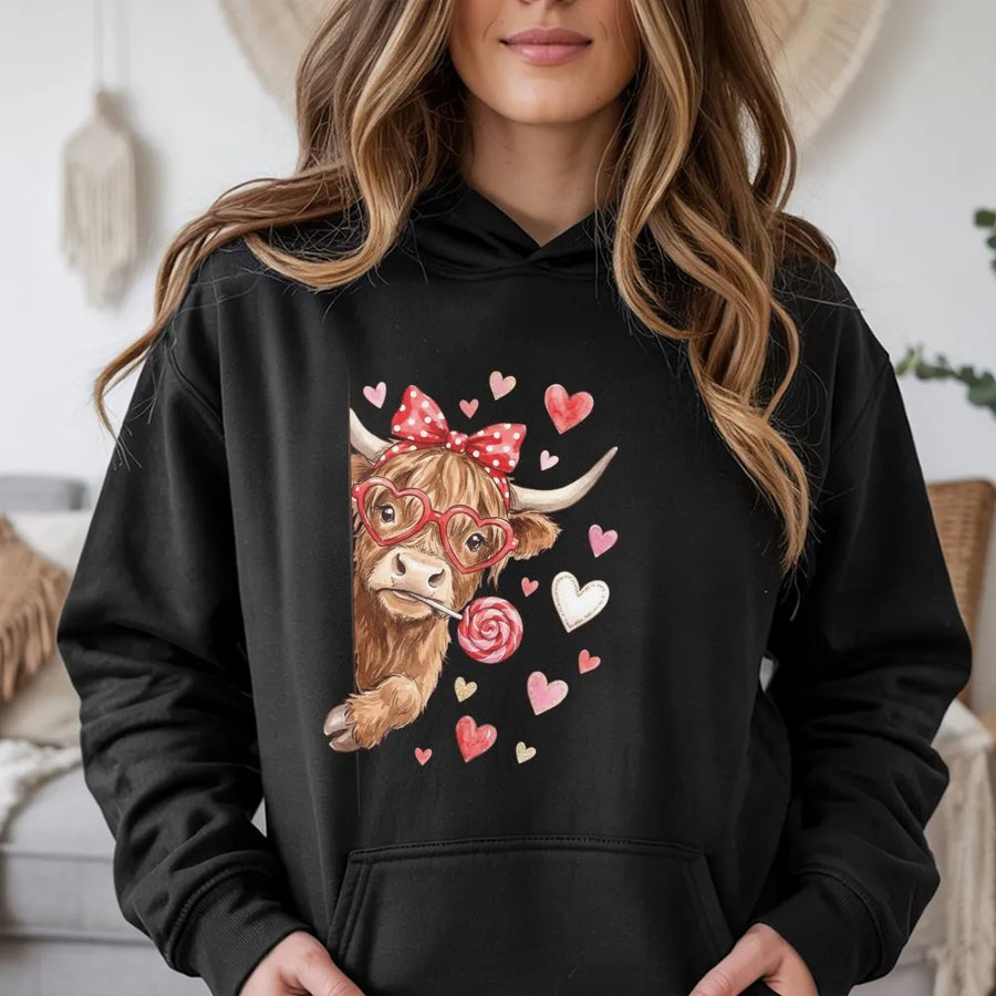 Valentine Highland Cow Hoodie | Cute Coquette Heart Glasses Graphic | Premium Cotton Blend | Romantic Gift for Her & Cow Lovers