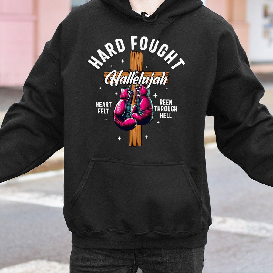 Hard Fought Hallelujah Christian Hoodie | Boxing Gloves & Cross Graphic | Soft Cotton-Blend Premium Fabric | Faith-Based Apparel Gift for Believers