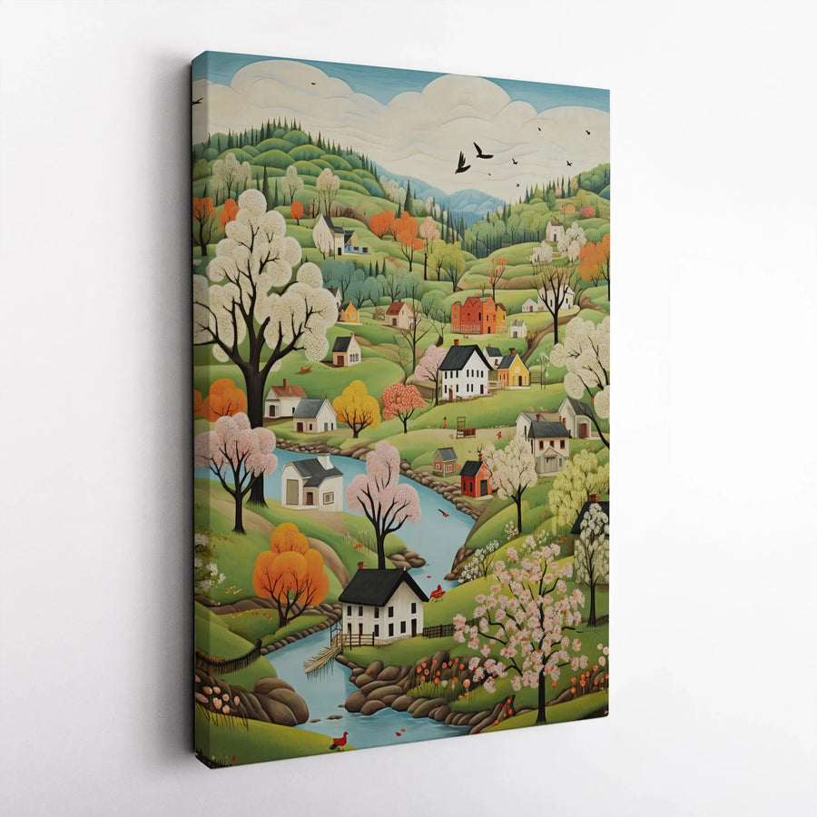 Folk Art Village Canvas Print | Whimsical Countryside Landscape | Premium Gallery Wrapped Wall Art | Modern Farmhouse Home Decor Gift