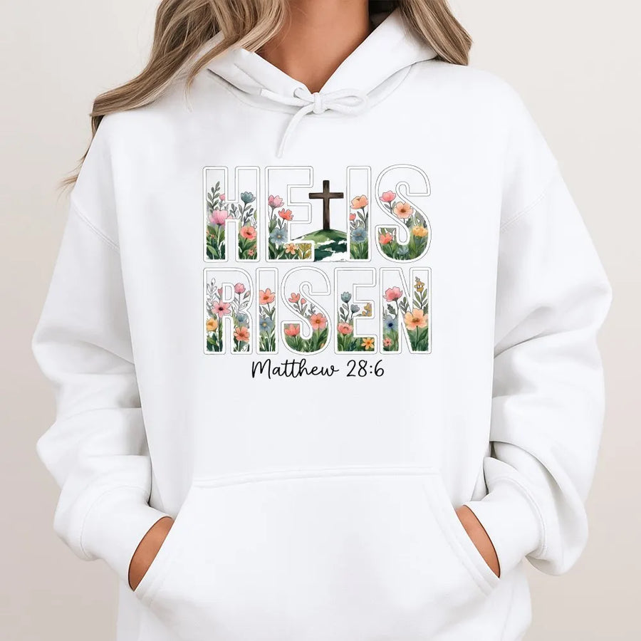 He Is Risen Hoodie | Floral Cross Graphic with Bible Verse | Soft Cotton Blend Pullover | Christian Easter Gift for Women