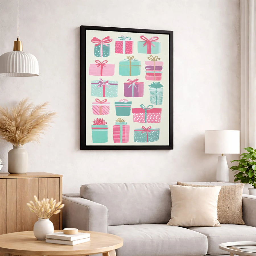 Colorful Gift Boxes Wall Art | Festive Present Illustration Print | Premium 1.25-Inch Gallery Canvas | Holiday Home Decor Gift