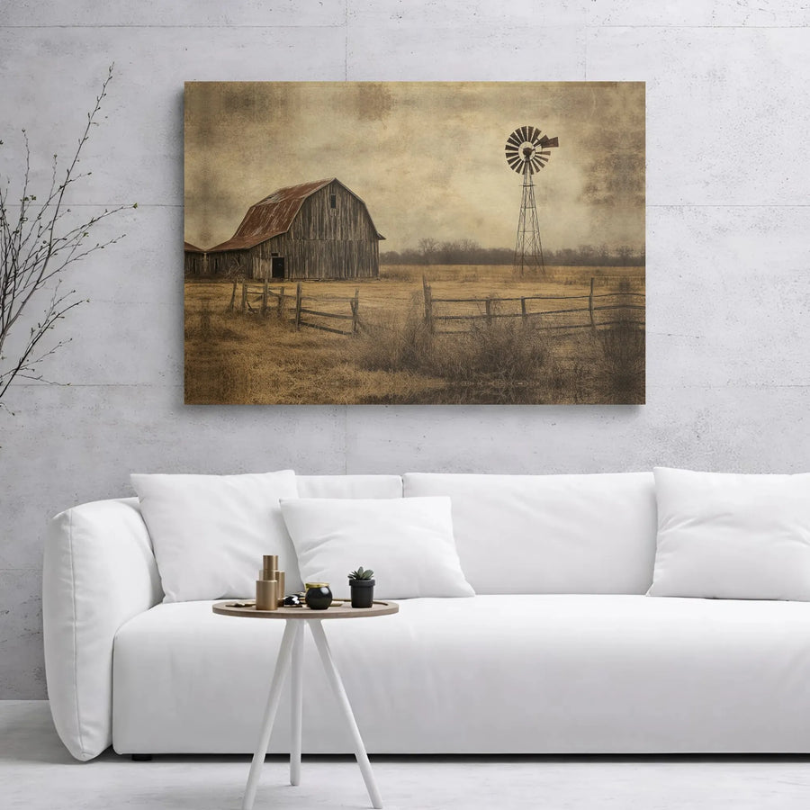 Rustic Farmhouse Wall Art | Vintage Barn and Windmill Landscape | Premium Gallery-Wrapped Canvas | Country Home Decor Gift