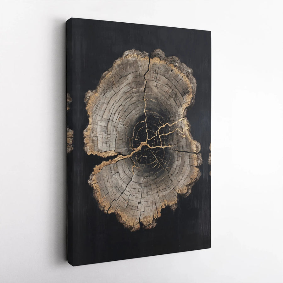 Tree Ring Canvas Print | Abstract Wood Slice with Gold Veins | Premium Gallery Wrapped Canvas | Rustic Modern Home Decor Gift