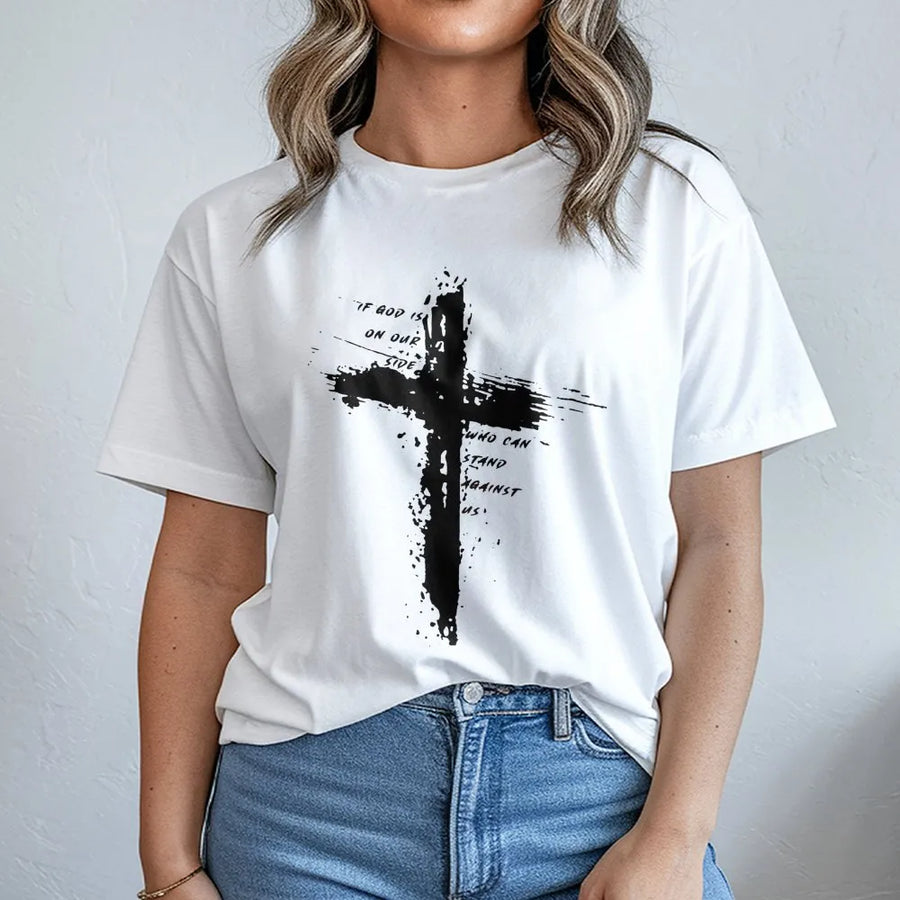 Faith Cross T-Shirt | If God Is For Us Who Can Be Against Us Verse | Premium Soft Cotton Religious Graphic Tee | Christian Gift for Men and Women