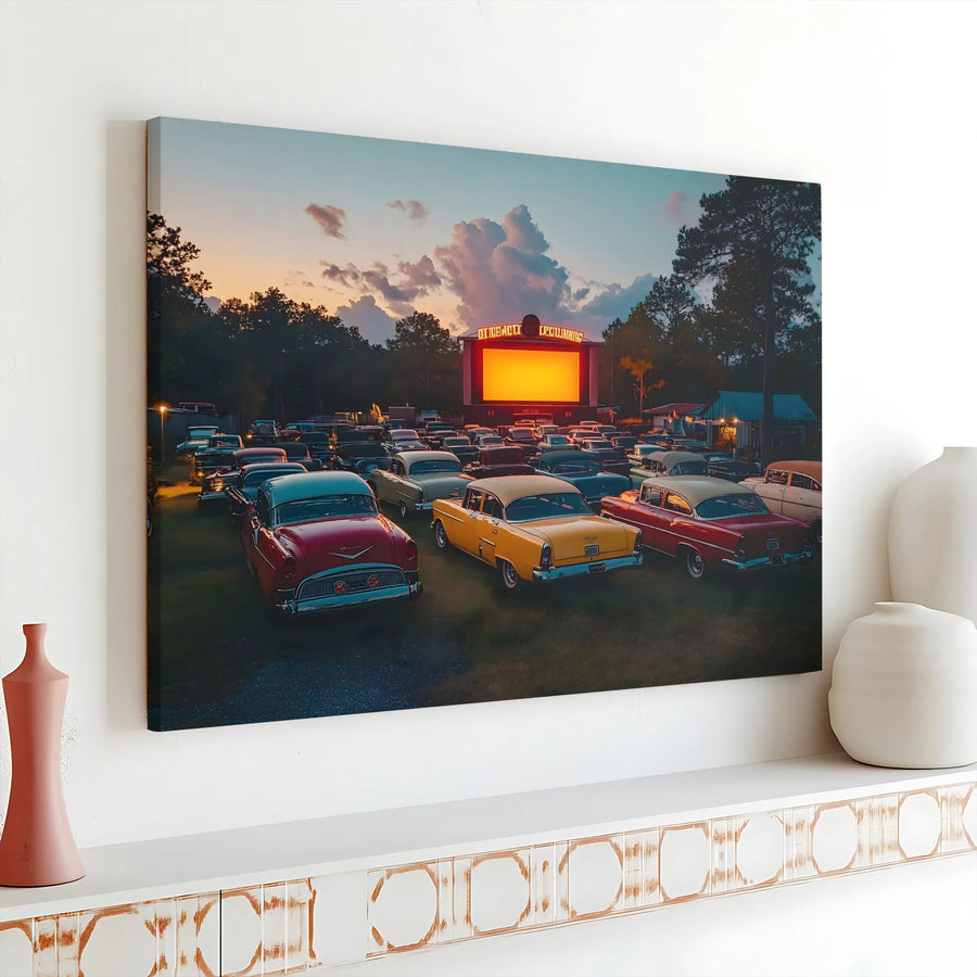 Drive-In Movie Theater Canvas Print | Vintage 1950s Classic Cars Wall Art | Gallery Wrapped Premium Decor | Nostalgic Americana Gift for Car Enthusiasts