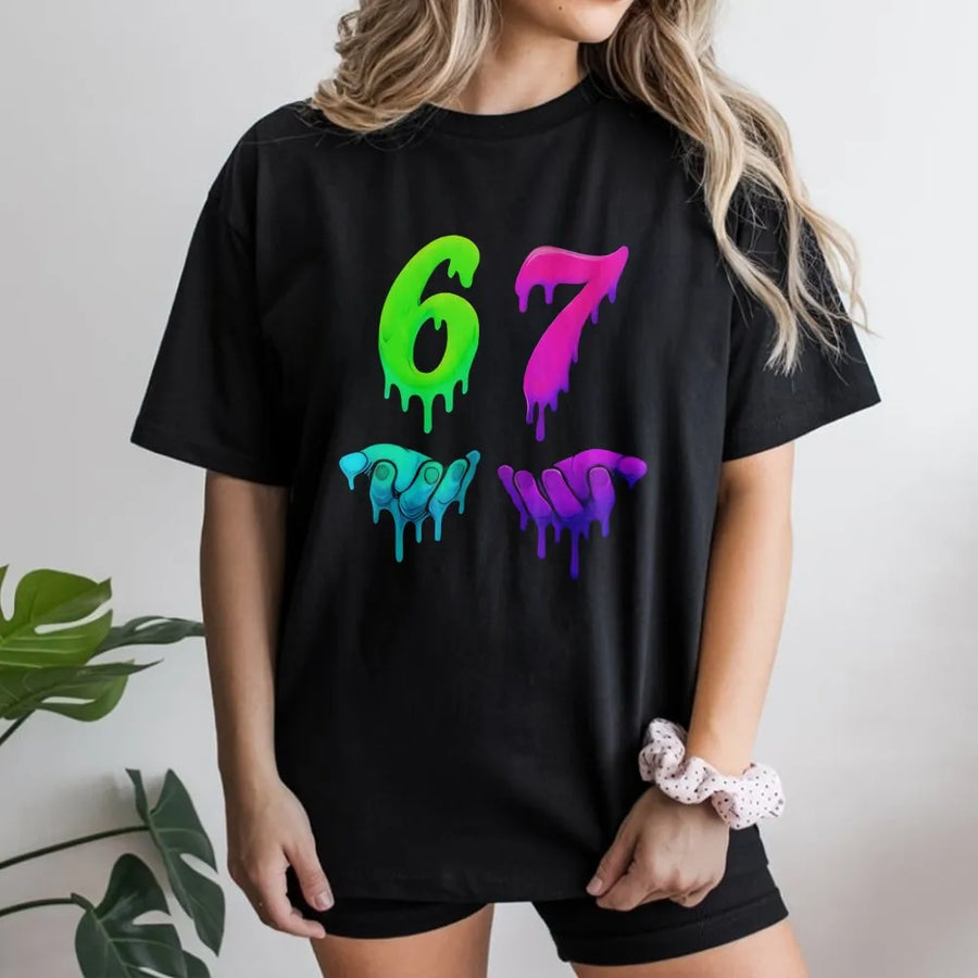 Number 67 Dripping Neon T-Shirt | Streetwear Liquid Glow Graphic | Premium Soft Cotton Tee | Unique Birthday Gift for Him or Her