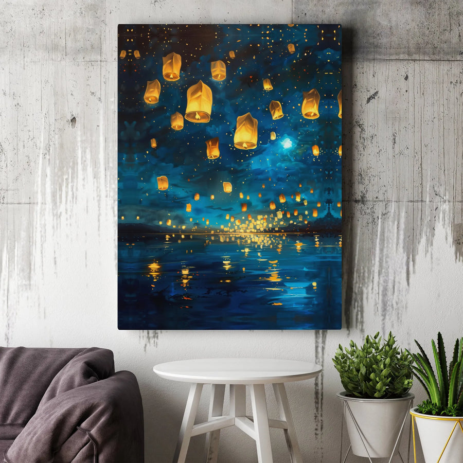 Floating Sky Lanterns Canvas Wall Art | Night Sky Lake Reflection Print | Gallery-Quality 1.25" Profile | Serene Home Decor Gift