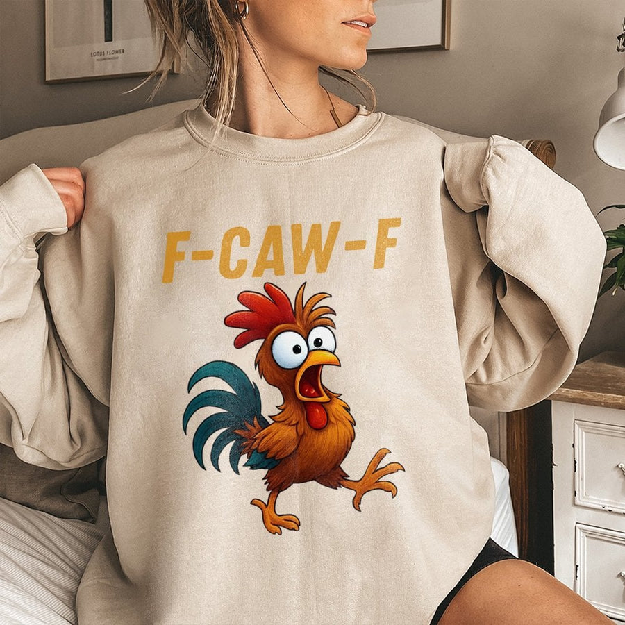 Funny Chicken Sweatshirt | F-Caw-F Cartoon Rooster Graphic | Premium Cotton Blend Crewneck | Humorous Farm Animal Gift For Men And Women