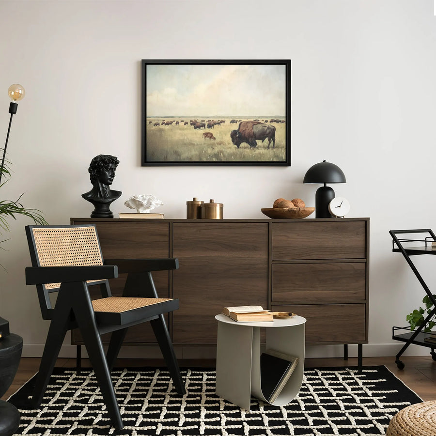 American Bison Canvas Wall Art | Grazing Buffalo Prairie Landscape | Gallery-Wrapped Premium Print | Western Wildlife Home Decor Gift
