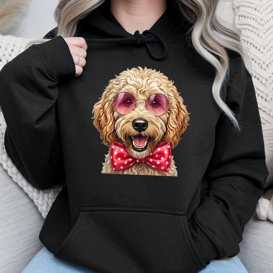 Goldendoodle Hoodie | Cute Dog Wearing Sunglasses and Polka Dot Bow Tie | Premium Cotton Blend Sweatshirt | Doodle Mom Dog Lover Gift