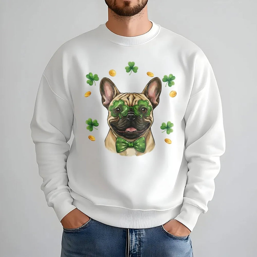 French Bulldog St. Patrick's Day Sweatshirt | Funny Clover Glasses Graphic | Premium Cotton Blend | Lucky Dog Mom Gift