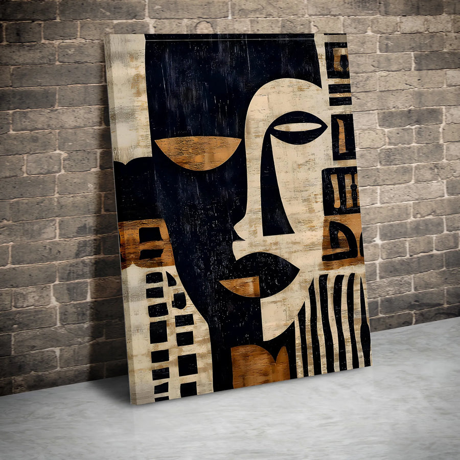 Abstract Face Canvas Wall Art | Modern Cubist Portrait with Distressed Texture | Premium Gallery Wrapped Canvas | Contemporary Living Room & Office Decor