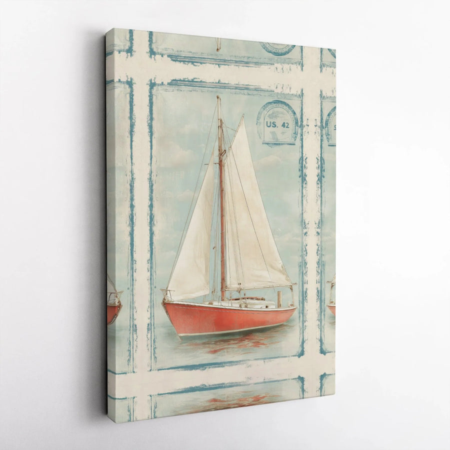 Vintage Red Sailboat Wall Art | Nautical Postage Stamp Design | Premium Gallery-Wrapped Canvas | Coastal Home Decor Gift