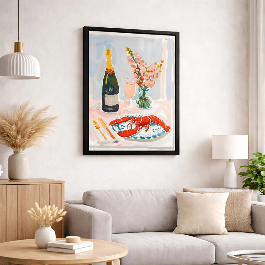 Lobster Dinner Still Life Canvas | Champagne and Flowers Kitchen Art | Premium Gallery-Wrapped Print | Coastal Decor for Dining Room