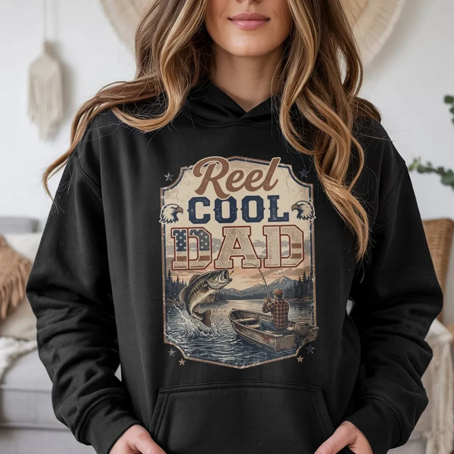 Reel Cool Dad Fishing Hoodie | Vintage American Flag Bass Graphic | Premium Cotton Blend | Father's Day Gift for Fisherman Dad