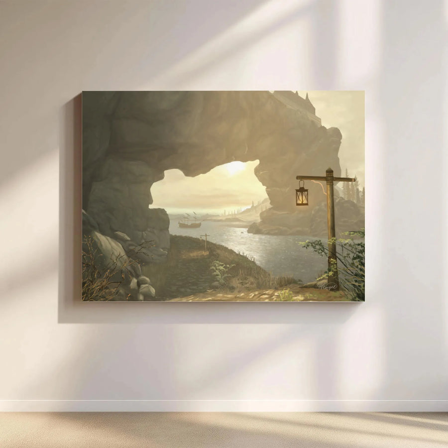 Coastal Cave Landscape Canvas Print | Seascape With Sailing Ship And Lantern | Gallery Quality 1.25" Profile | Atmospheric Home Wall Art