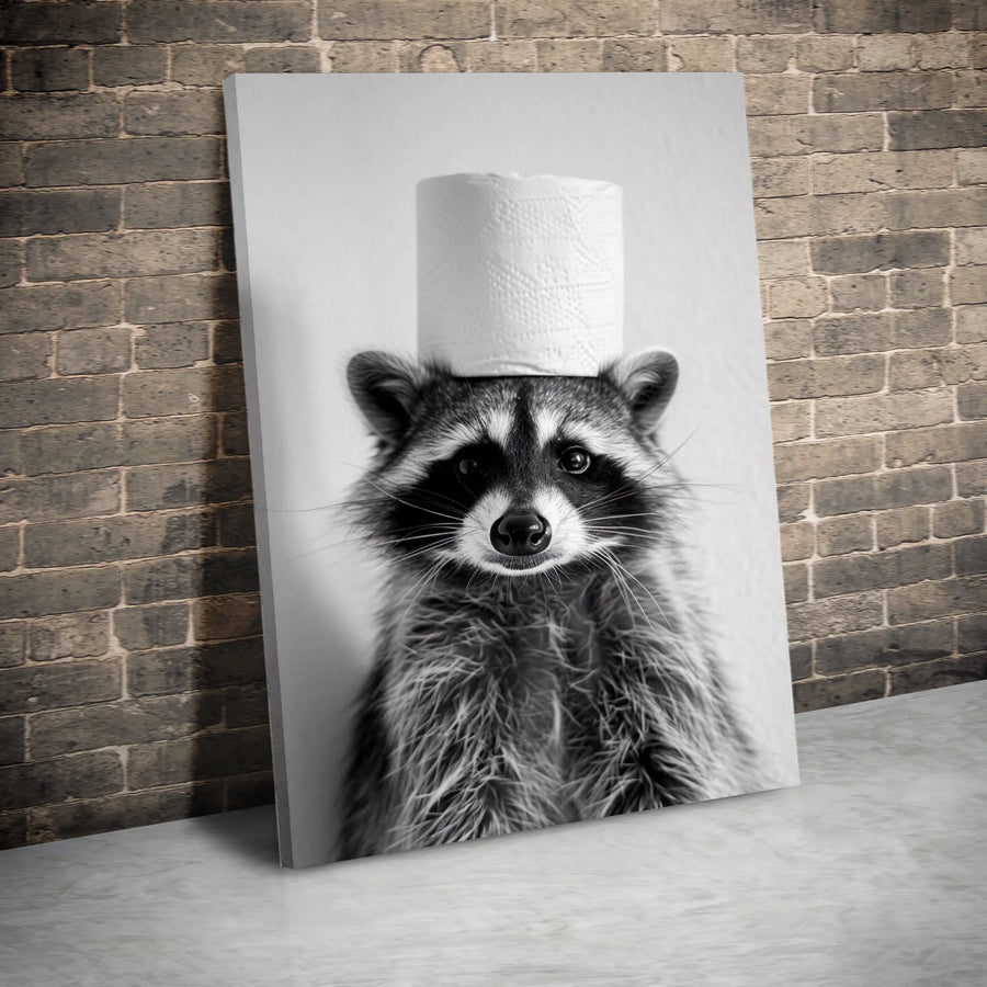 Raccoon Toilet Paper Wall Art | Whimsical Animal Bathroom Decor | Premium Gallery Wrap Canvas | Funny Gift for Animal Lovers
