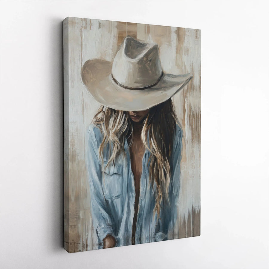 Cowgirl Canvas Wall Art | Rustic Woman in Cowboy Hat Painting | Premium Fade-Resistant Gallery Print | Western Home Decor for Living Room