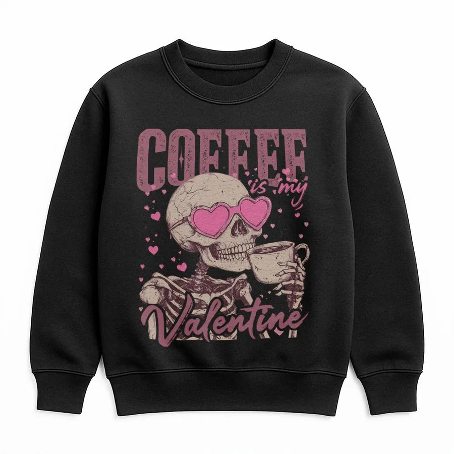 Coffee Is My Valentine Sweatshirt | Retro Skeleton Heart Glasses Design | Premium Cotton Blend | Funny Valentine's Day Gift For Coffee Lovers